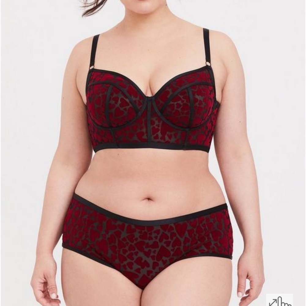 Torrid Black Red Heart Flocked Longline Underwire Bralette 2X & Cheeky Panty 3X